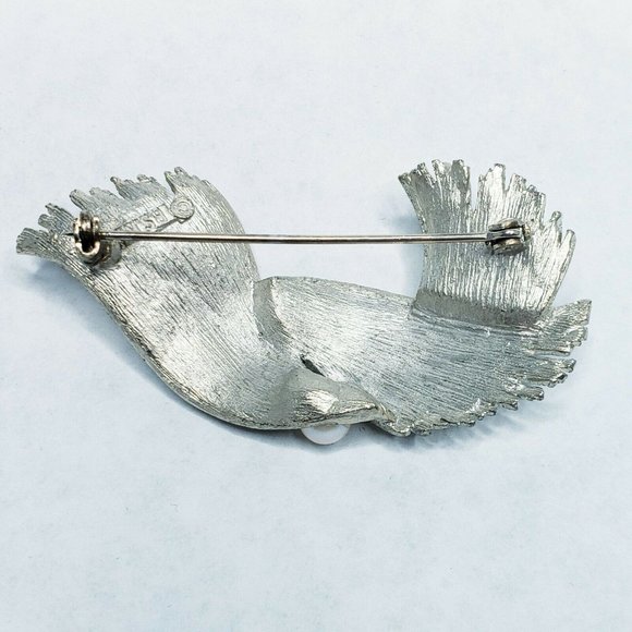 BSK Brooch Brushed Silver Tone MCM Style with a Faux Pearl Signed BSK - Picture 3 of 4